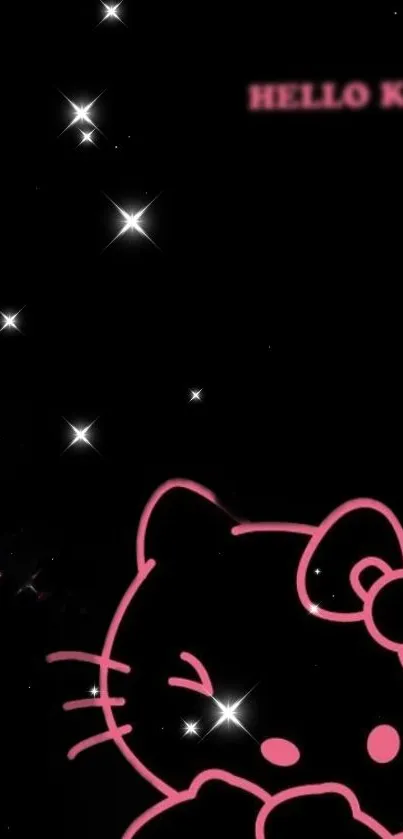 Black wallpaper with pink kitty and stars.