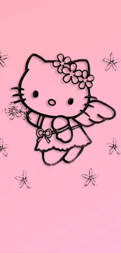 Cute pink kitty with flowers and wings on pink background.