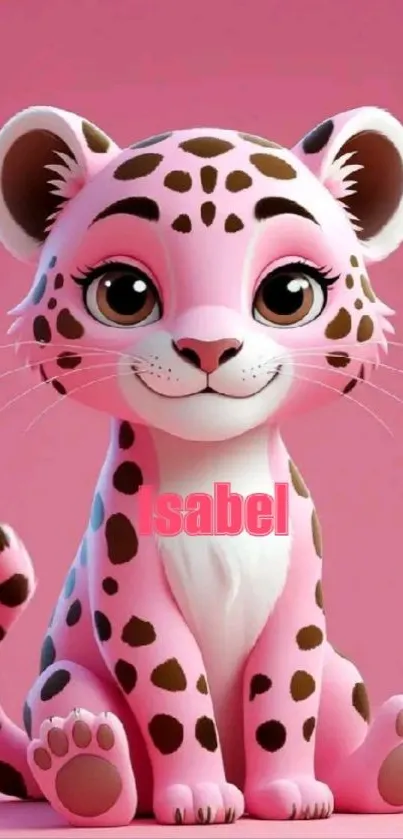 Adorable pink leopard cartoon wallpaper for mobile.
