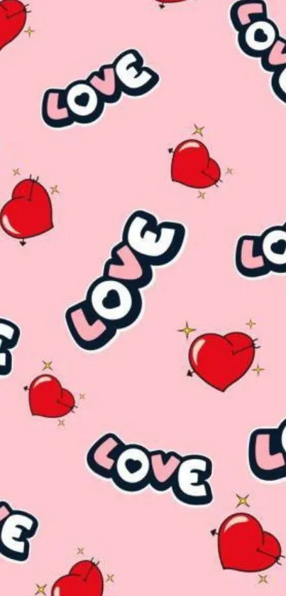 Cute pink wallpaper with red hearts and 'love' text pattern.