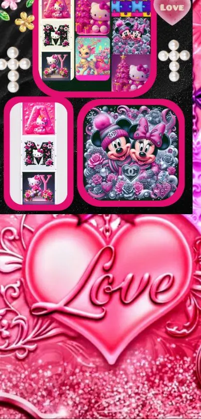 Pink love-themed wallpaper with cartoon characters and hearts.