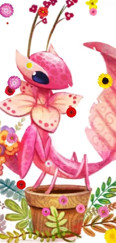 Cute pink mantis illustration with floral accents.