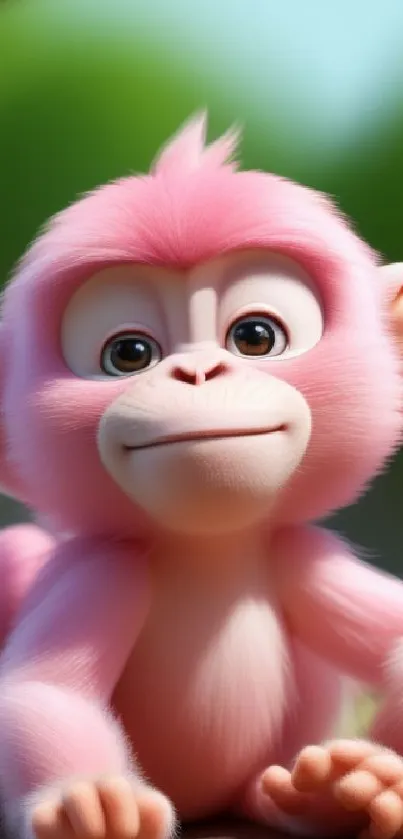 Cute pink monkey sitting in a vibrant jungle setting, perfect for phone wallpaper.