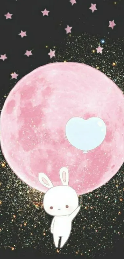 Cute bunny holding a balloon with pink moon backdrop.