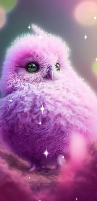 Cute pink owl in a fantasy setting with dreamy, vivid colors.