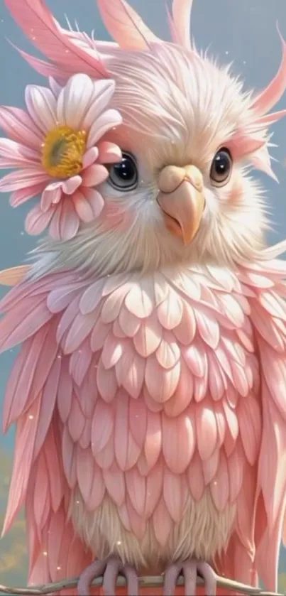 Adorable pink owl with flower perched on a branch.