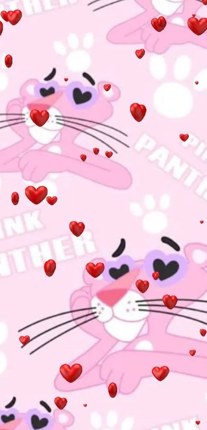 Pink Panther phone wallpaper with hearts.