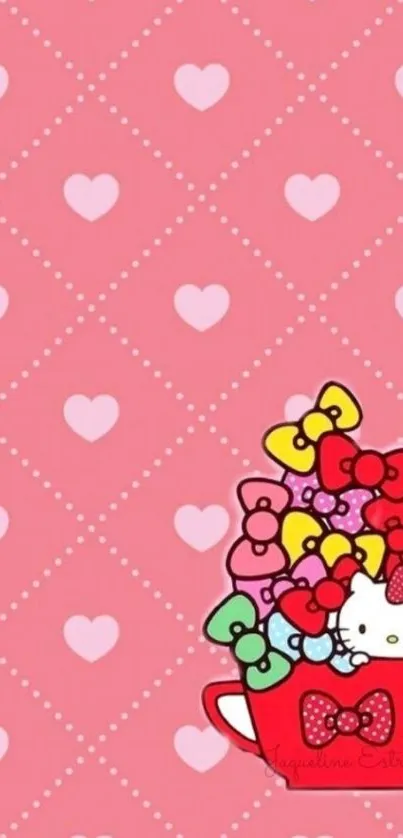 Hello Kitty with bows on pink heart-patterned background.