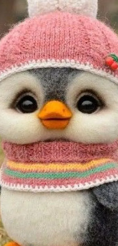 Cute penguin with pink hat and scarf.