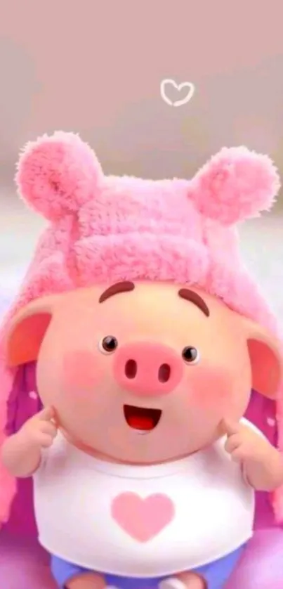 Cute piglet with pink plush hat on mobile wallpaper.