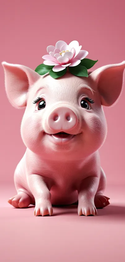 Cute pink piglet with flower on pink background.