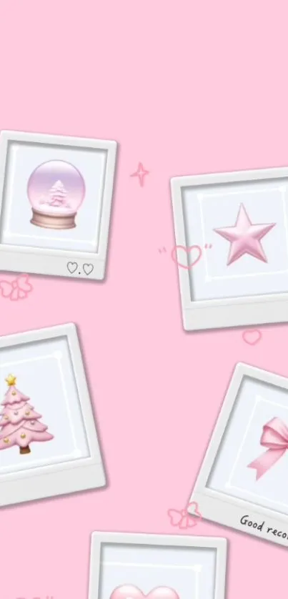 Cute pink Polaroid collage wallpaper with stars and bows.