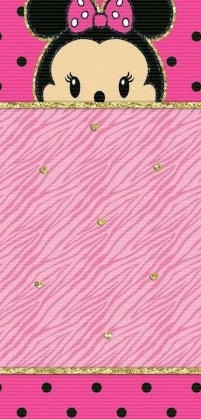 Cute cartoon character on pink polka dot wallpaper.