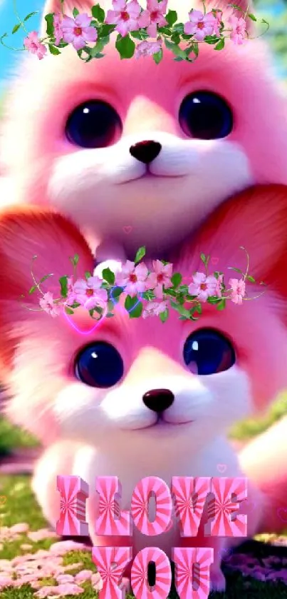 Adorable pink puppies with flowers and 'I Love You' text.