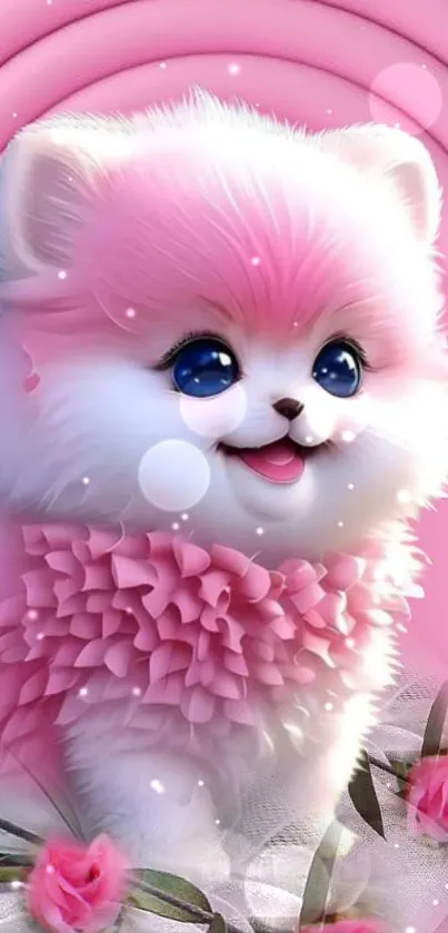 Fluffy pink puppy with a ruffled collar and rosy background.