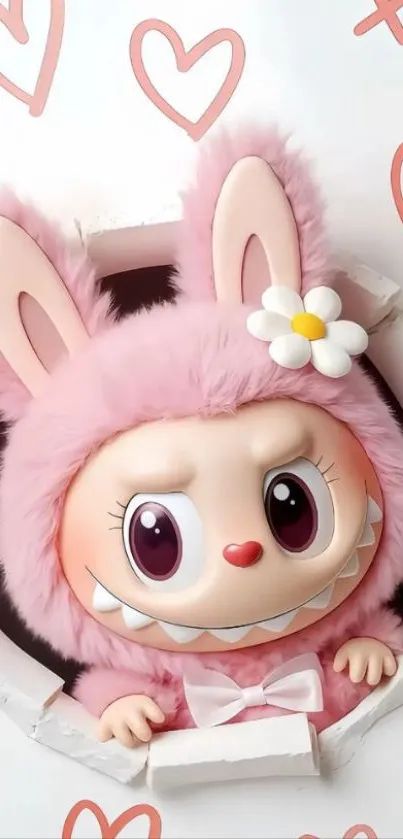 Cute pink cartoon rabbit in fluffy costume with hearts.