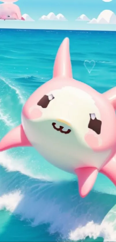 Adorable pink cartoon shark surfing ocean waves.