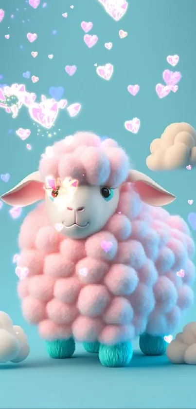 Cute pink sheep with clouds on light blue background.