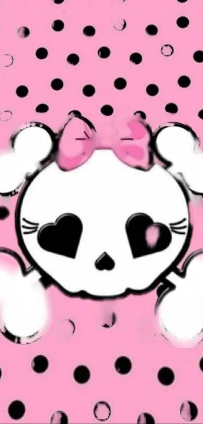 Cute pink skull wallpaper with heart eyes and bow.