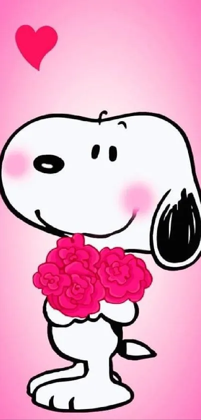 Cute Snoopy with flowers against a pink backdrop.