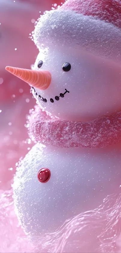 Charming pink snowman in snowy scene.