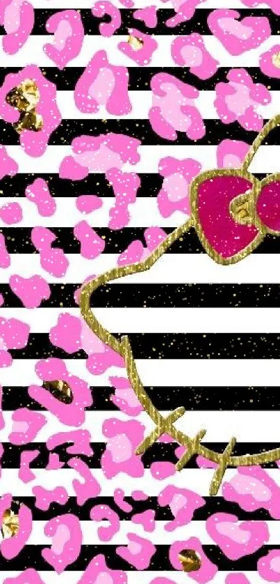 Black and white striped wallpaper with pink leopard pattern and gold accents.