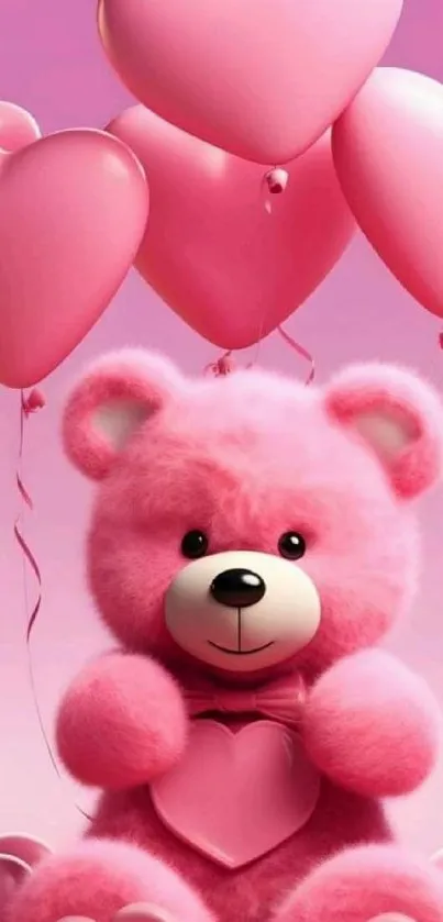 Cute pink teddy bear with heart balloons.