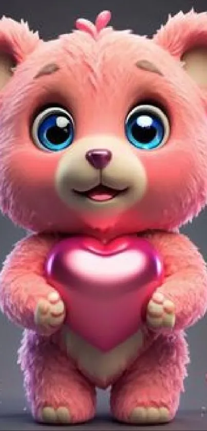 Cute pink teddy bear holding a heart with playful charm.