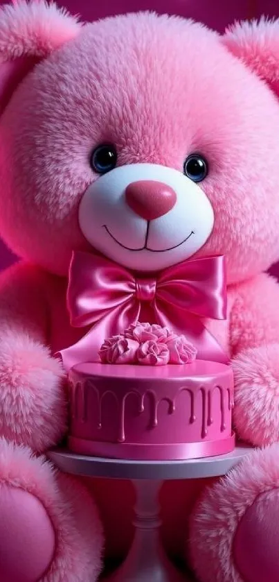 Cute pink teddy bear with a cake.