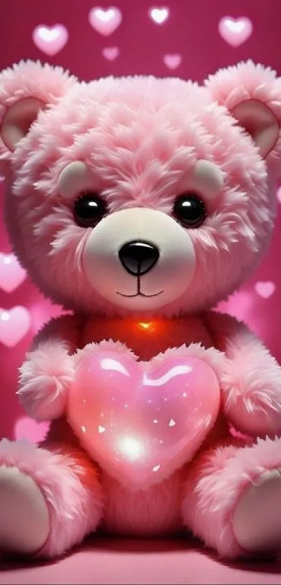 Pink teddy bear holding a glowing heart with love.