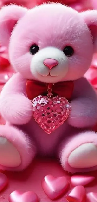 Pink teddy bear with heart decoration