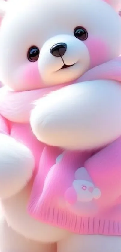 Cute teddy bear with pink scarf in warm hues.