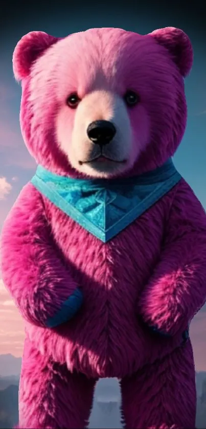 Cute pink teddy bear under blue sky wallpaper.