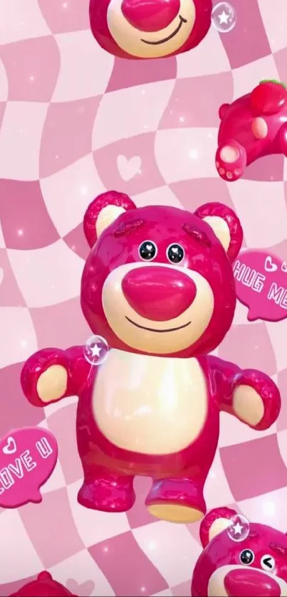 Cheerful pink teddy bear wallpaper with hearts and stars.