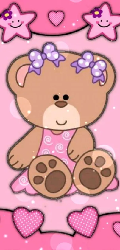 Pink teddy bear with bows on a cute mobile wallpaper background.