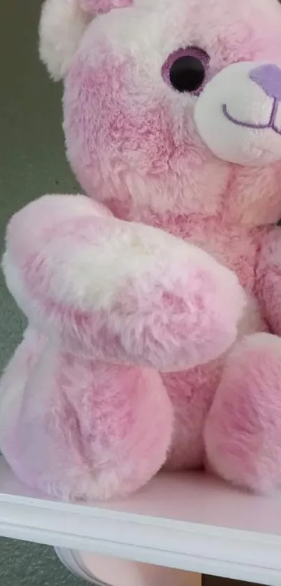 Pink fluffy teddy bear sitting on a shelf, perfect for a cute mobile wallpaper.