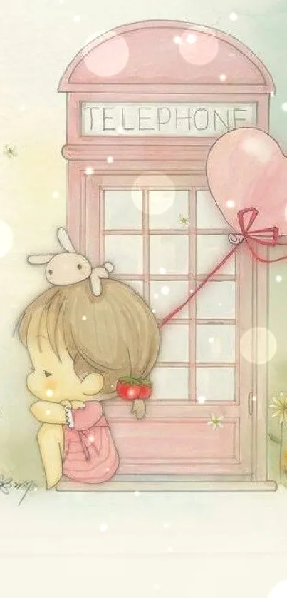 Child holding heart balloon by pink telephone booth.