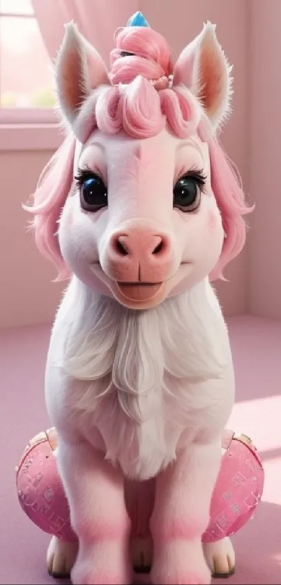 Adorable pink unicorn in a sunlit room with pastel colors.
