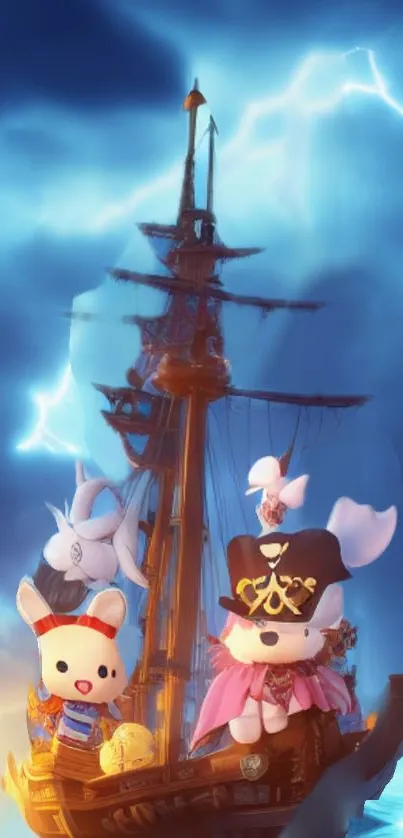 Hello Kitty and friends on a pirate ship with a blue sky backdrop.