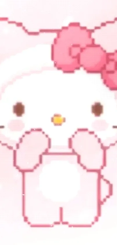 Pixel art cat with a pink bow on a soft pink background.