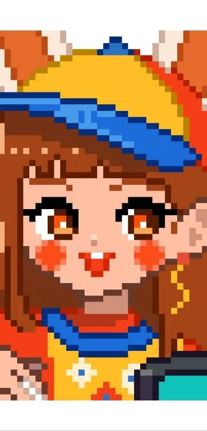 Cute pixel art character with vibrant colors, wearing a hat.