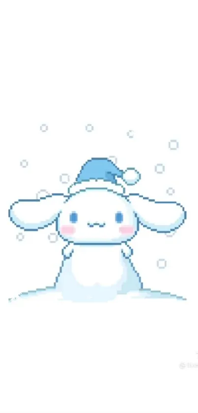 Pixel art snowman with blue hat and rosy cheeks on white background.