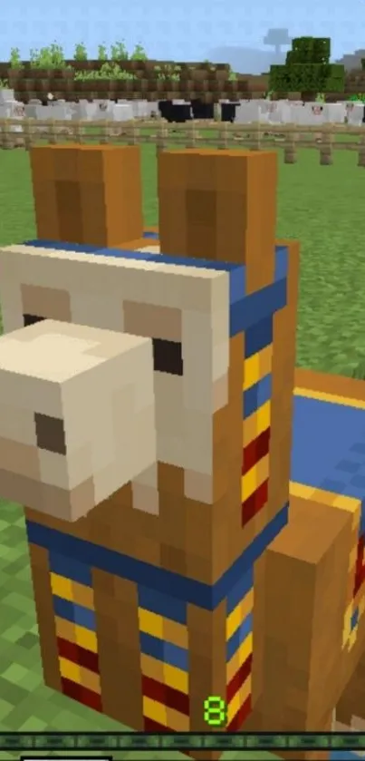 Pixelated llama in Minecraft game setting.