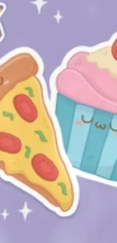 Kawaii cartoon pizza and cupcake on lavender backdrop with stars.