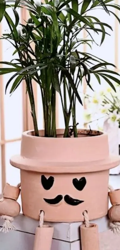 Cute plant pot with smiling face and green foliage.