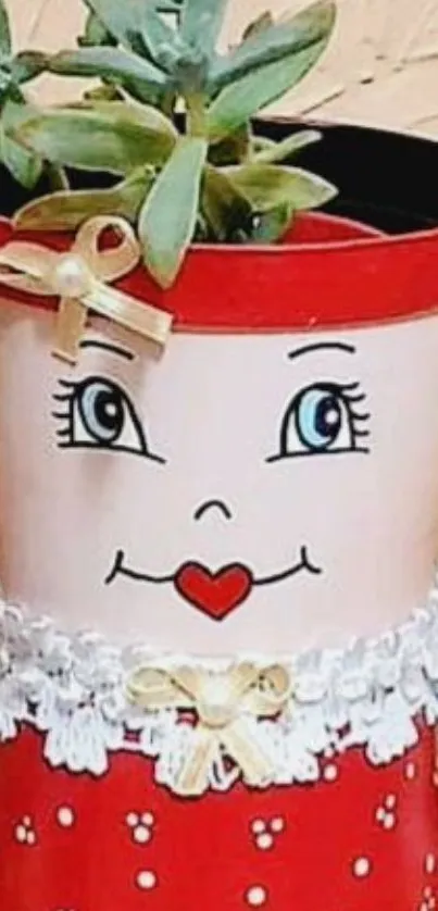 Charming plant pot with a cute face and red accents.