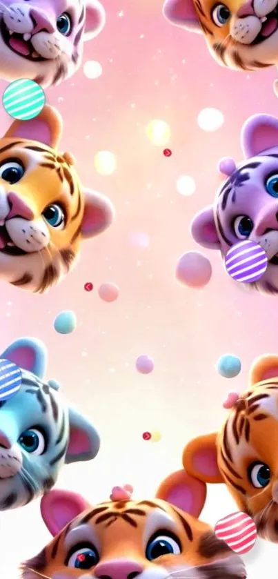 Cute cartoon tiger faces on pink background.