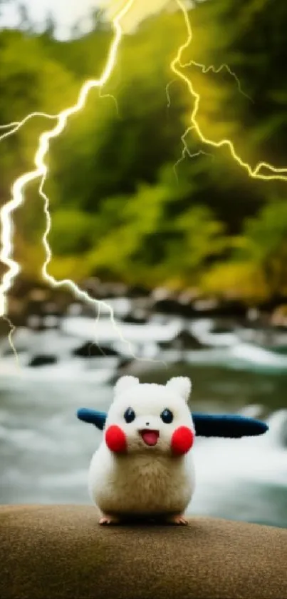 Cute plush character in forest with lightning bolt.