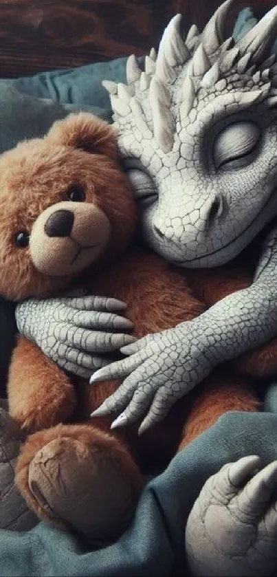 Cute dragon cuddling with a teddy bear on a cozy pillow.