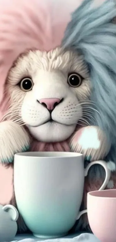 Adorable pastel plush lion with cups.